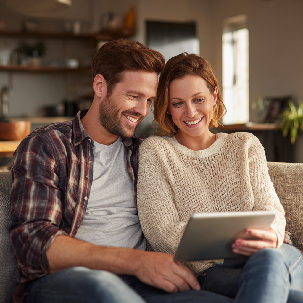 Couple comparing £200 loan options on a tablet