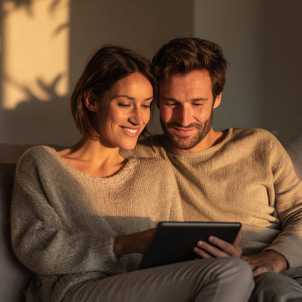 Couple comparing £2000 loan options together on a tablet
