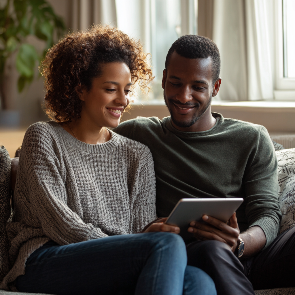 Couple reviewing £800 loan options together on a tablet