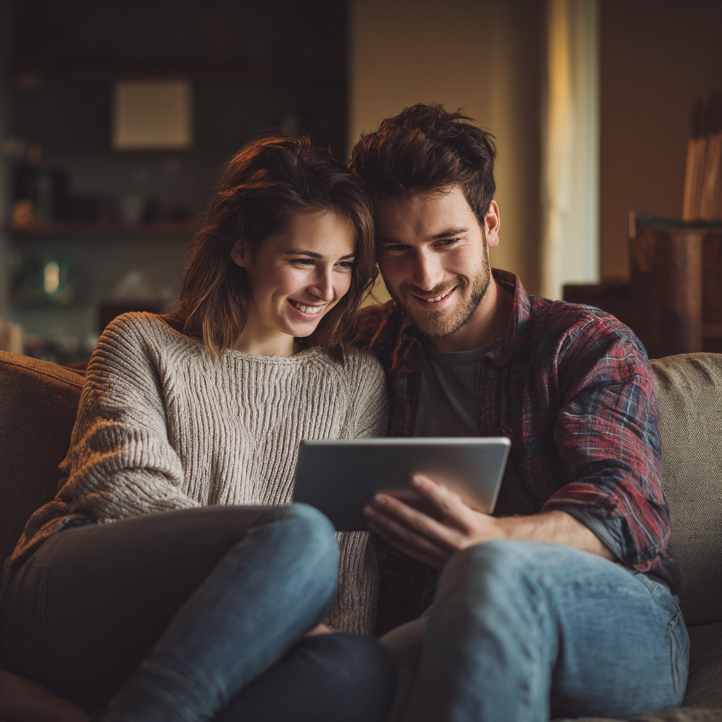 Couple reviewing 12 month loan offers together on a tablet