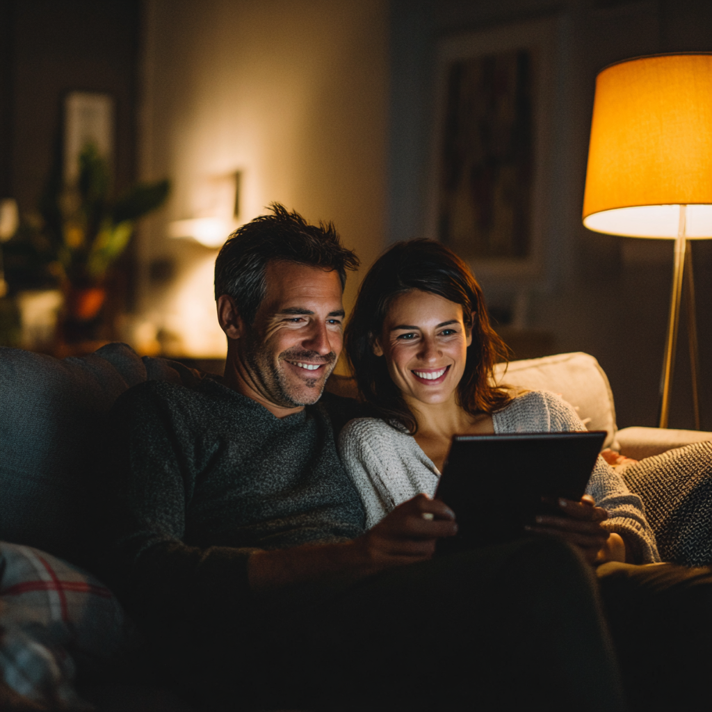 Couple comparing £400 loan offers together on a tablet