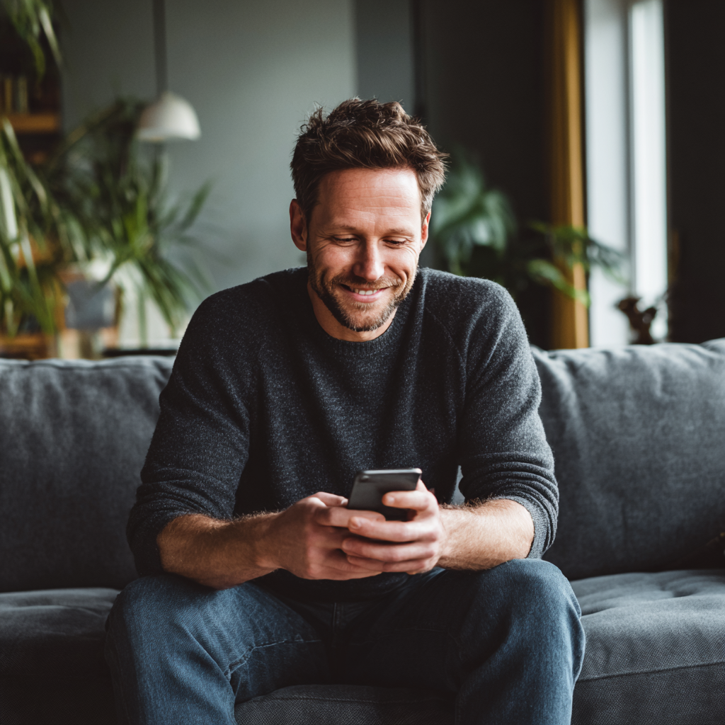Man reviewing £100 loan options on his phone at home