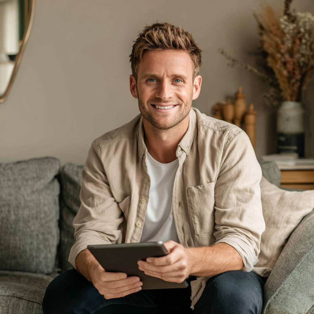 Man checking £300 loan eligibility on a tablet