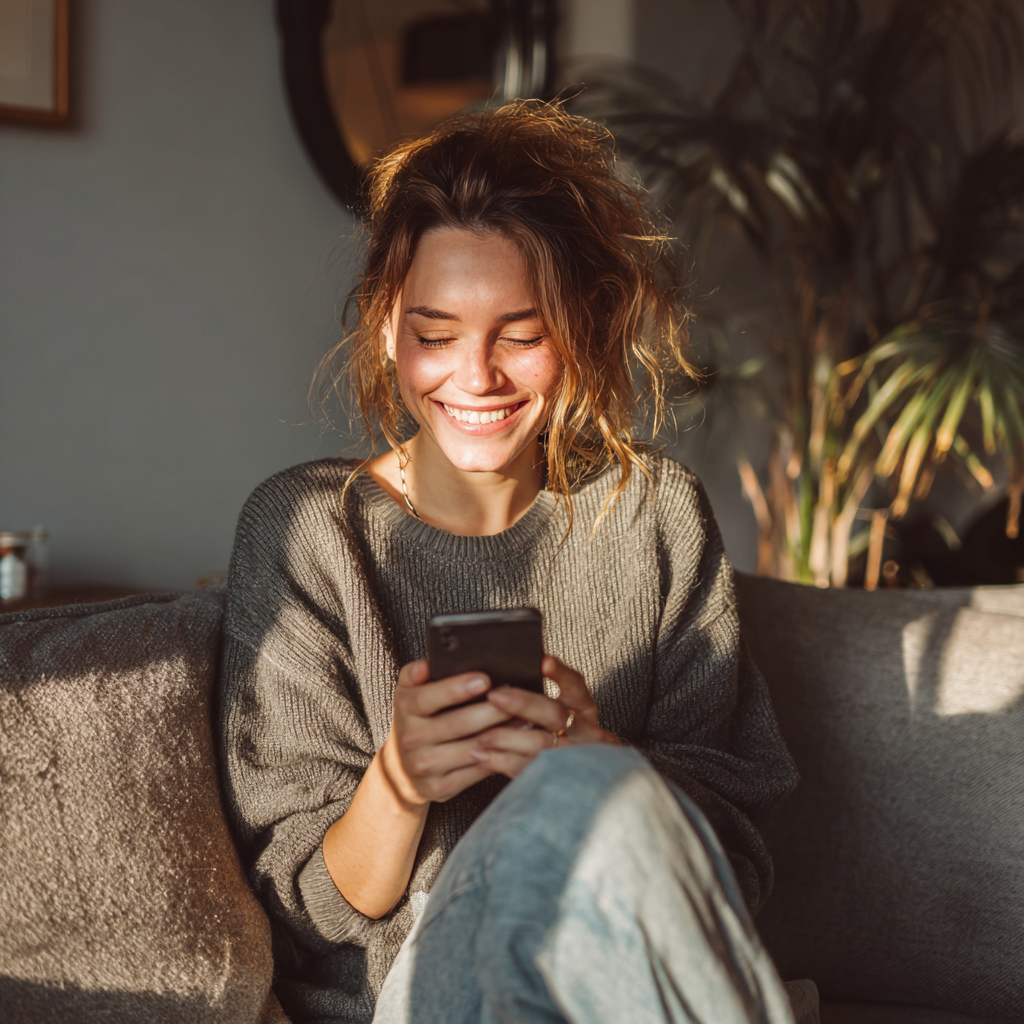 Woman checking her eligibility for a £1500 loan on phone at home