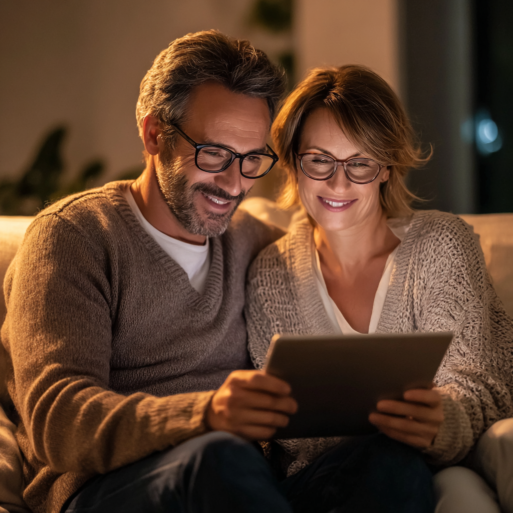 Couple reviewing unemployed loan options on tablet at home
