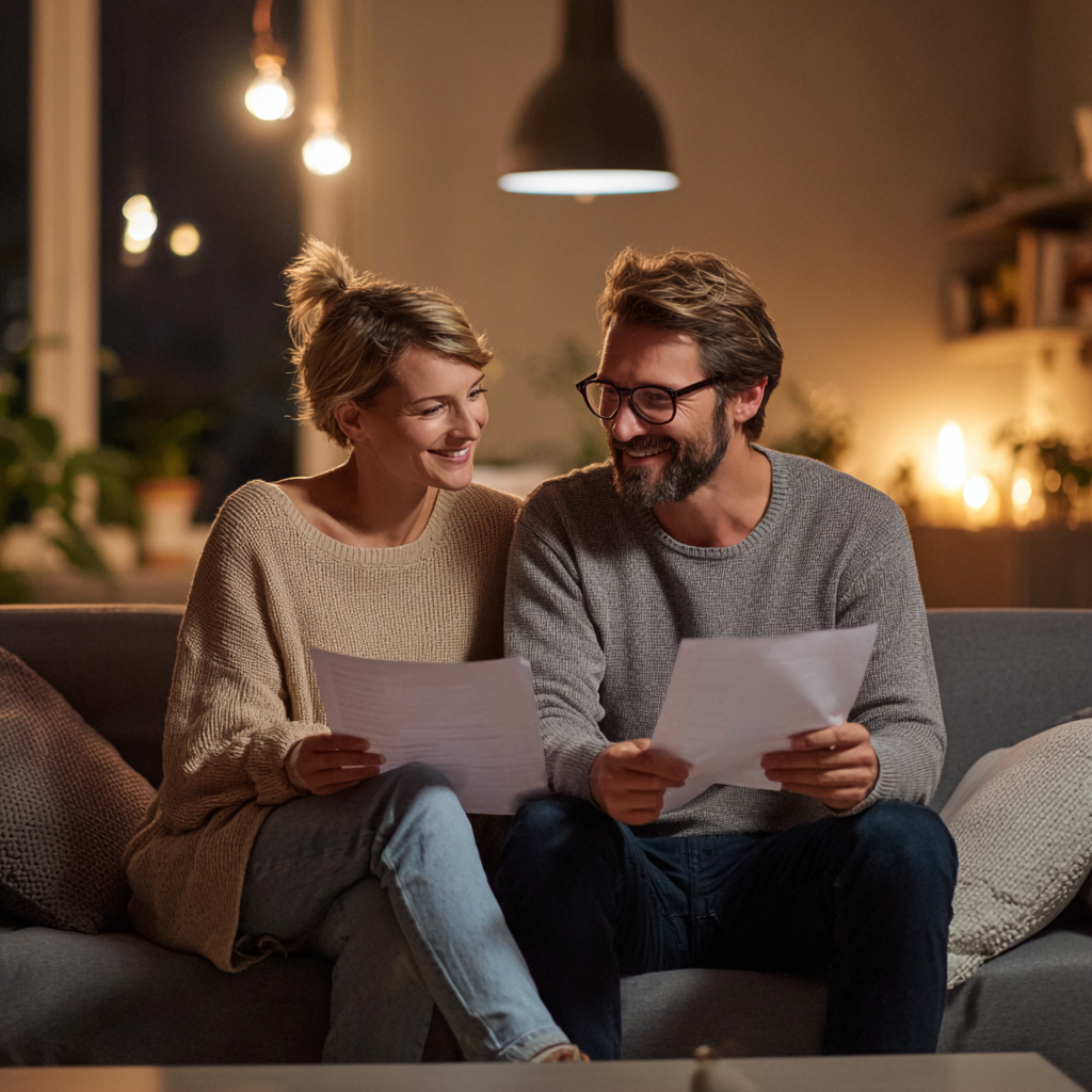 Couple looking at £500 loan offers together on a phone