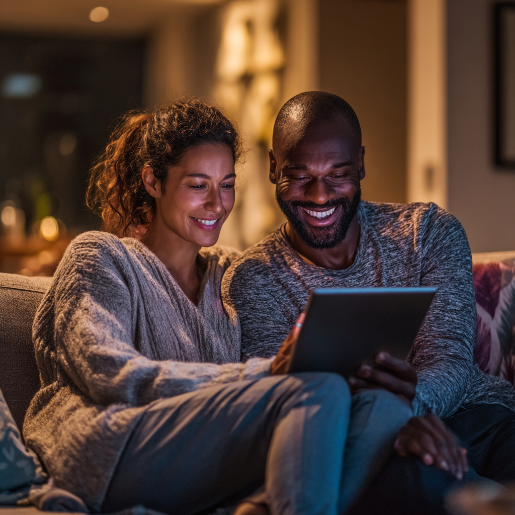 Couple reviewing no guarantor loan options together on a tablet