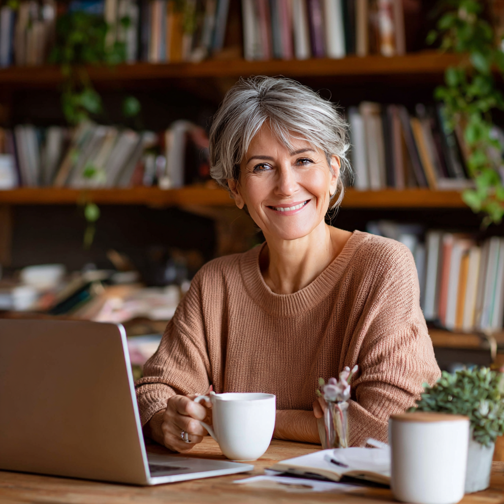 Woman checking emergency loan options on laptop at kitchen table