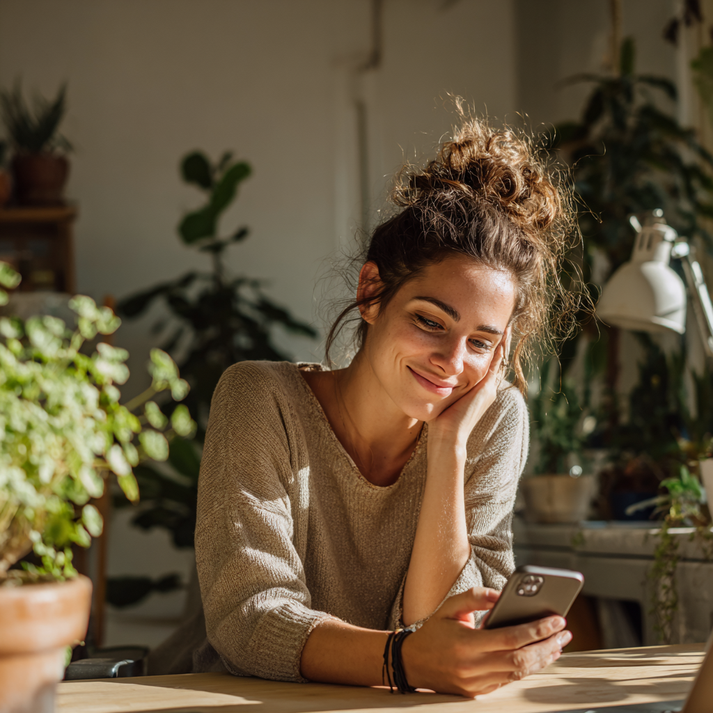 Woman reviewing her £2000 loan offer on her phone at home