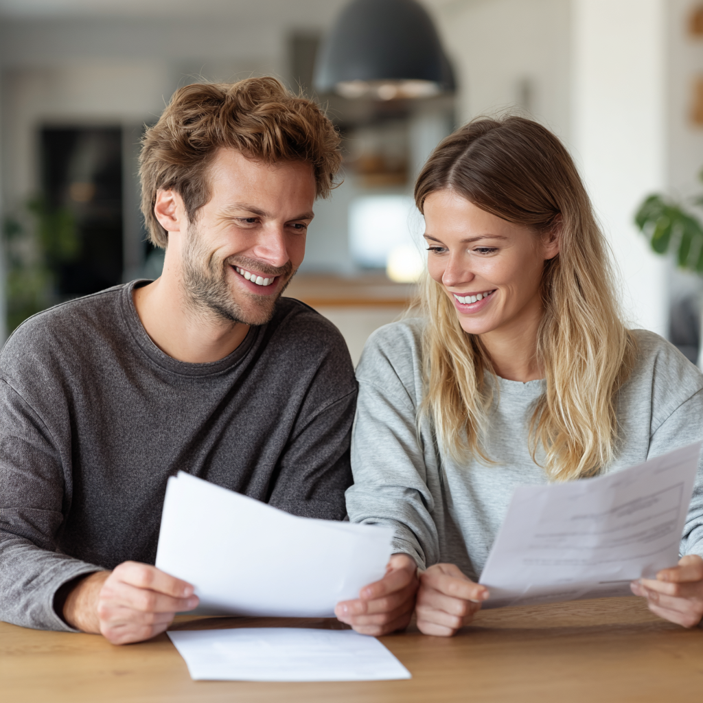 Couple looking at £100 loan offers together with positive expressions