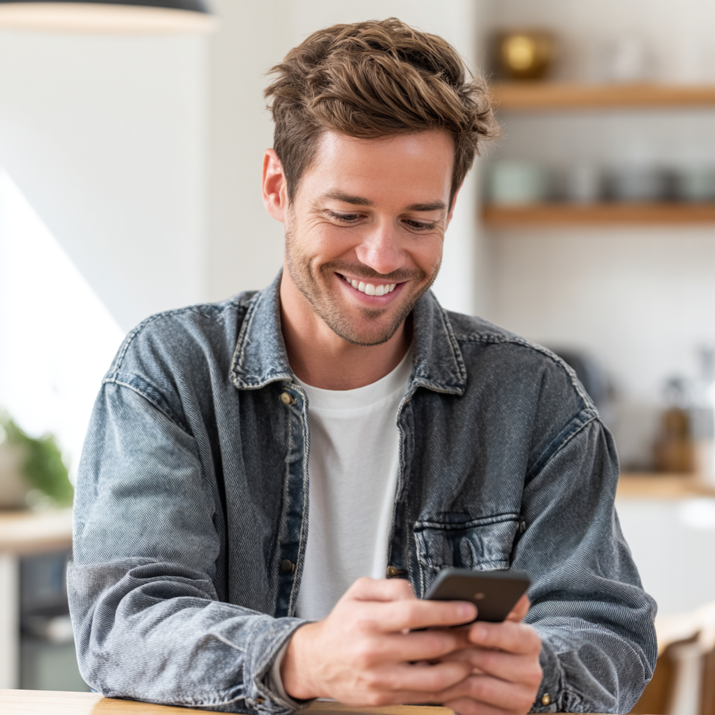 Young man checking his 3000 pound loan approval on his phone at home
