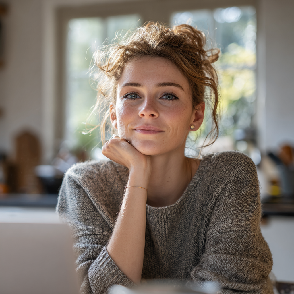 Woman applying for a 3000 pound loan on her laptop in a bright kitchen