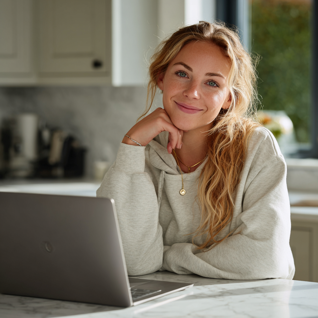 Woman checking £2000 loan eligibility online at her kitchen table