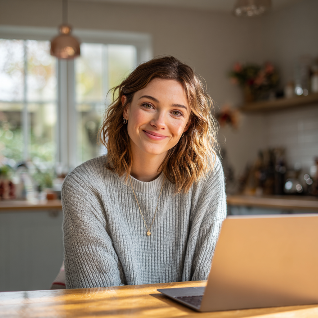Woman applying for an £800 loan online from her kitchen