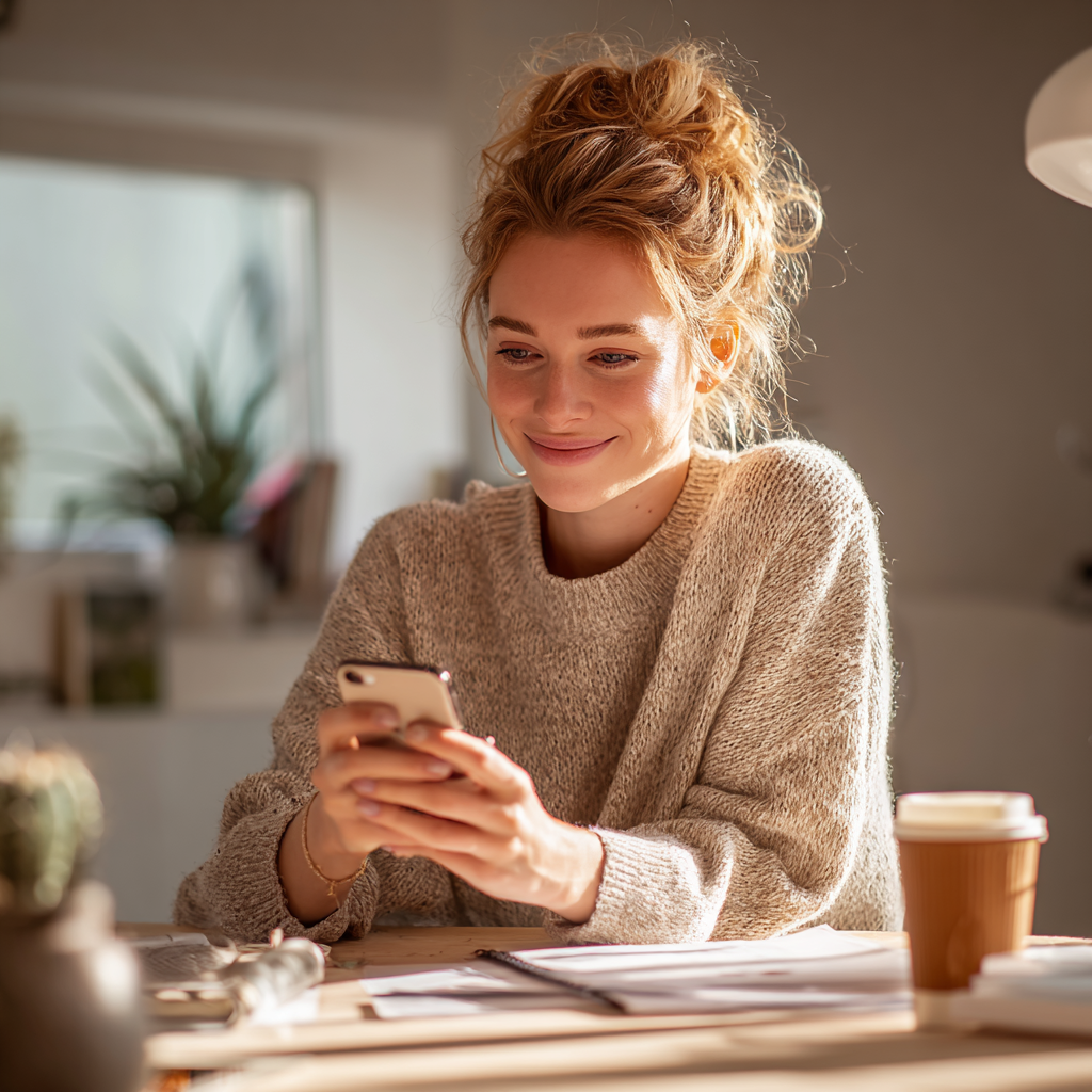 Woman checking 12 month loan options online at her kitchen table