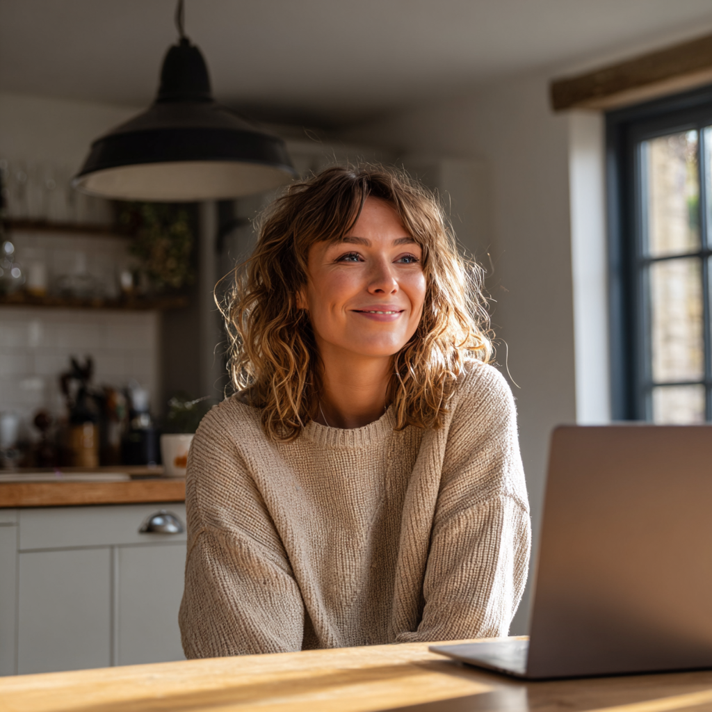Woman checking £100 loan eligibility online at her kitchen table