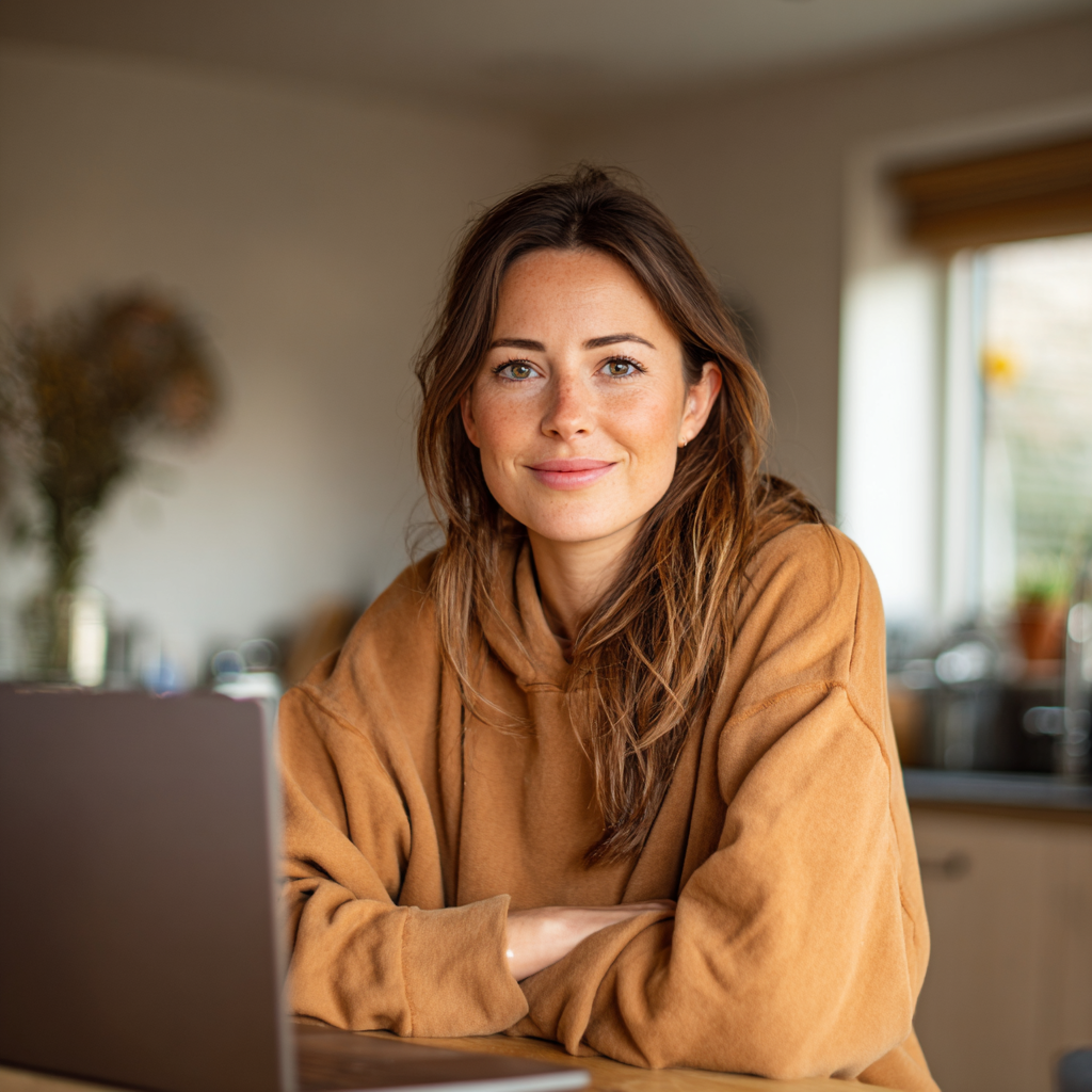 Woman checking instalment loan options on laptop at kitchen table