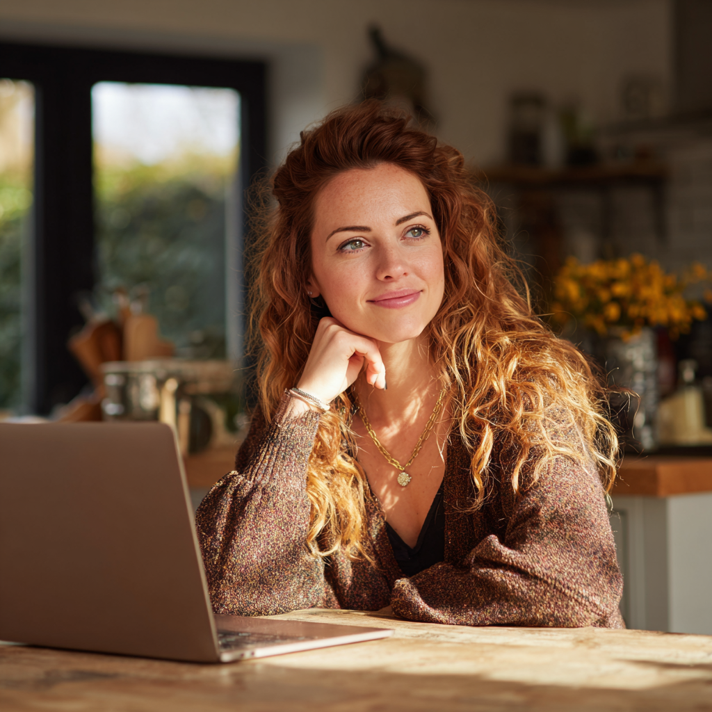 Woman checking 1000 loan options on laptop at home