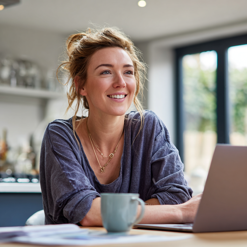 Woman checking no guarantor loan eligibility on laptop at home