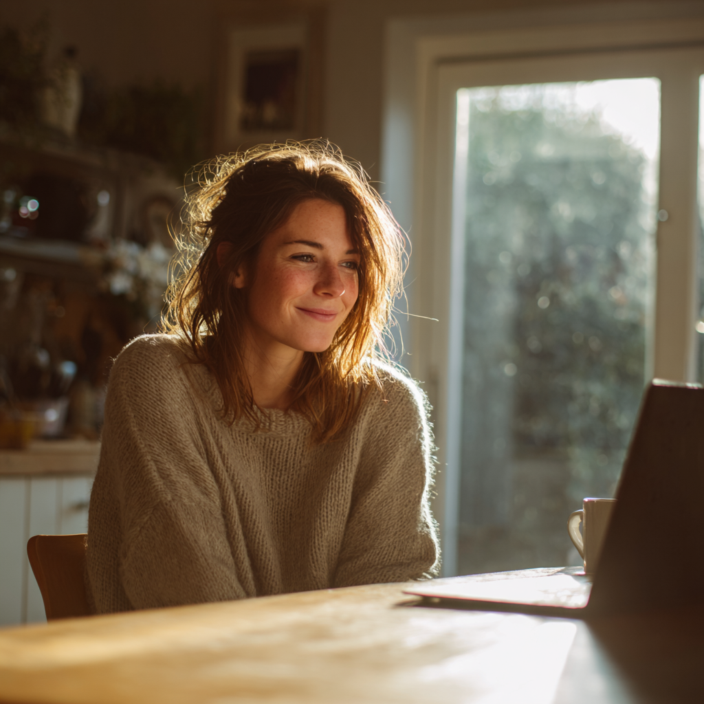 Woman checking cash loan eligibility on laptop at home