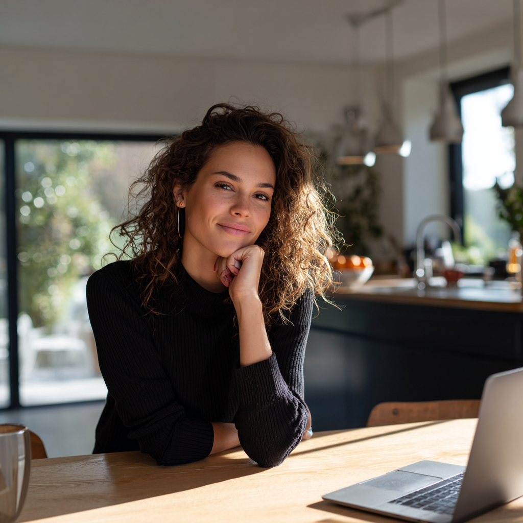 Woman checking easy loan eligibility on a laptop in her kitchen