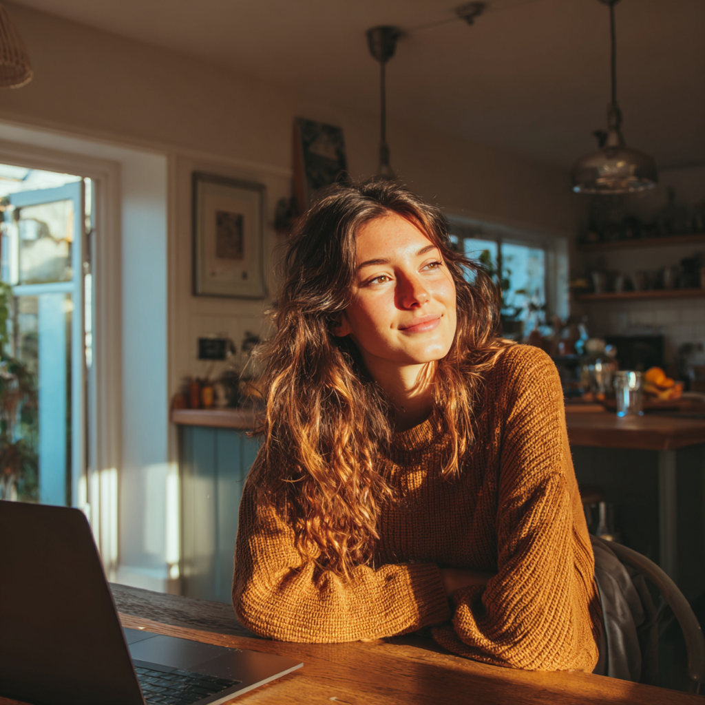 Woman checking £500 loan eligibility on her laptop at home