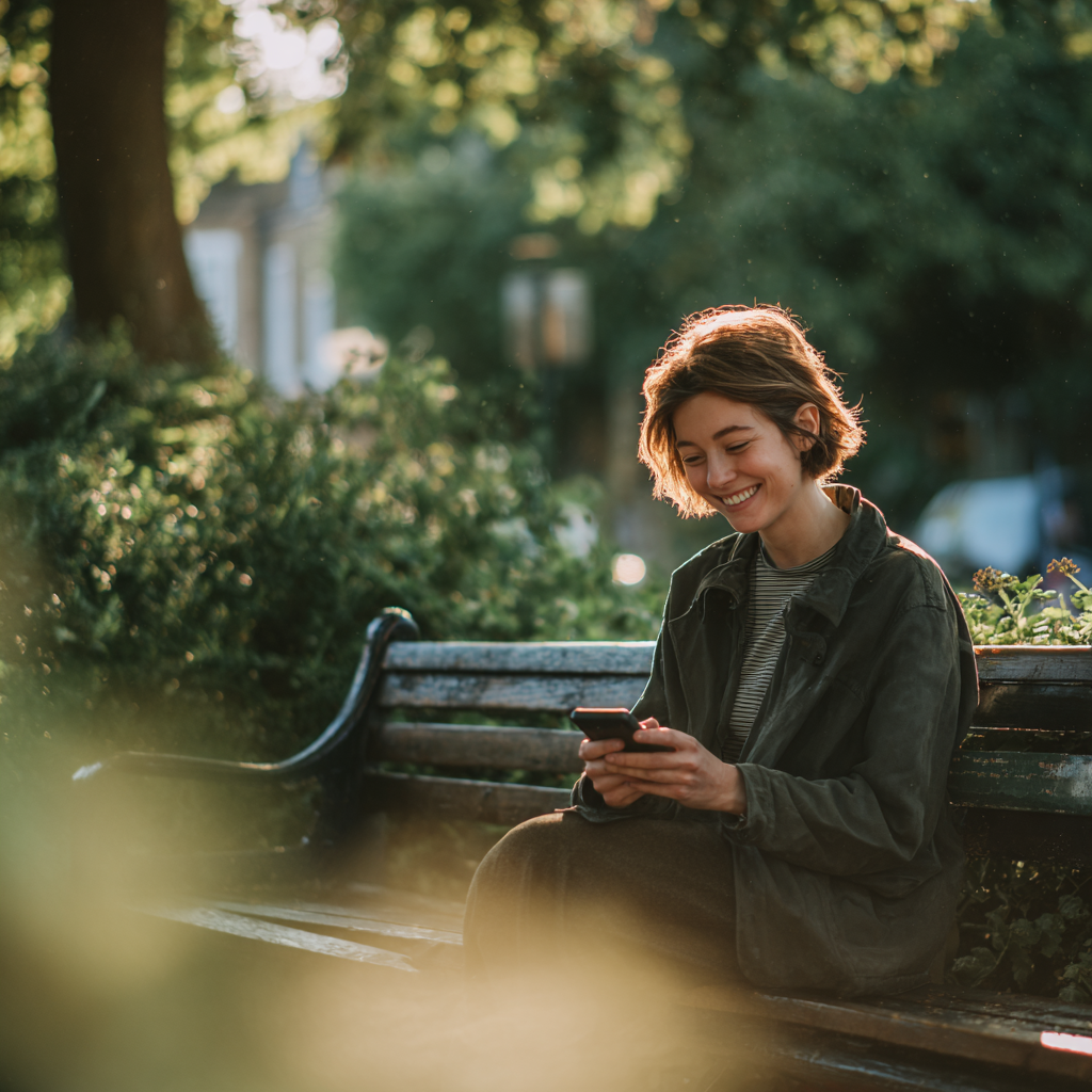 Woman checking her loan borrowing options on phone in a UK park