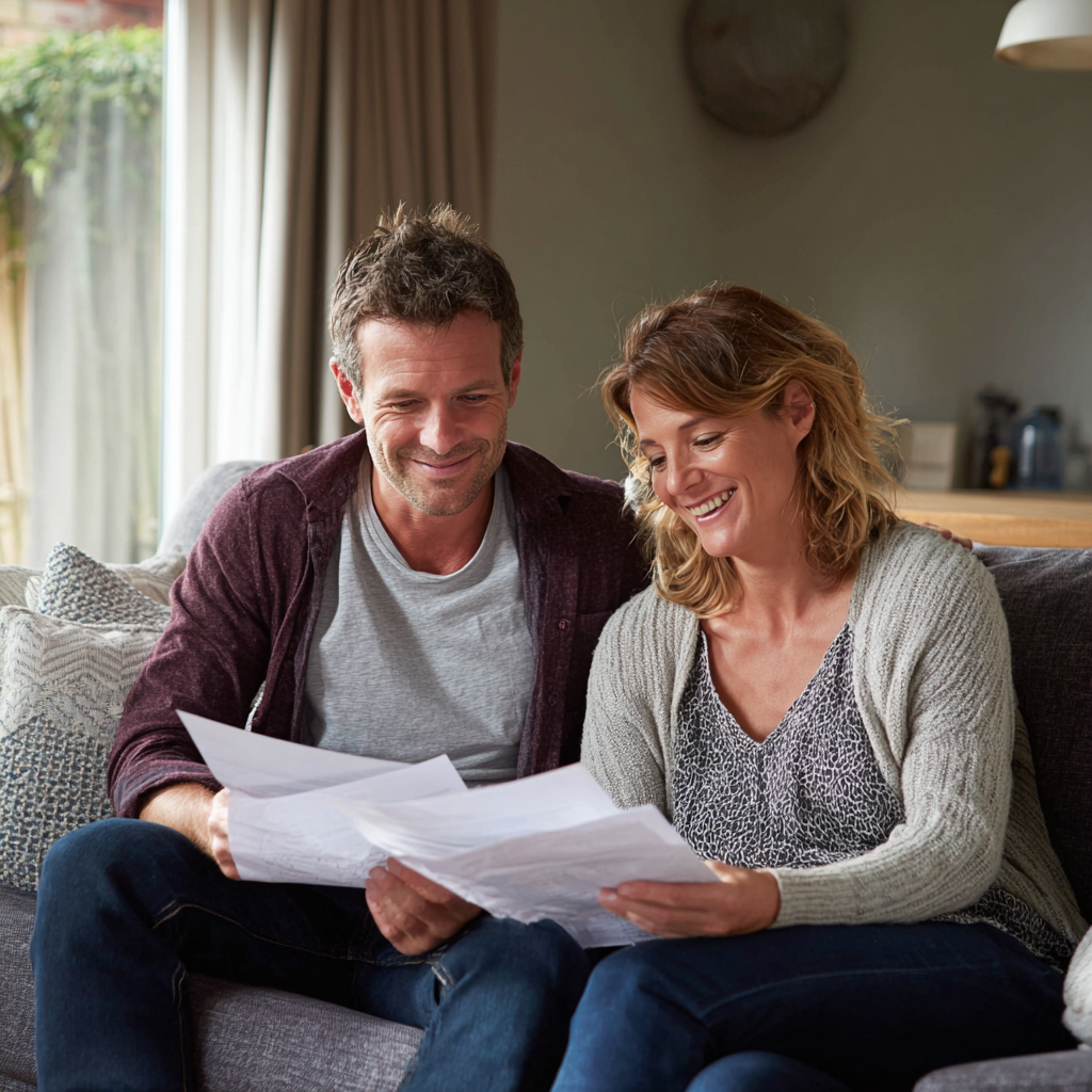 Couple reviewing £5,000 loan options together on their sofa