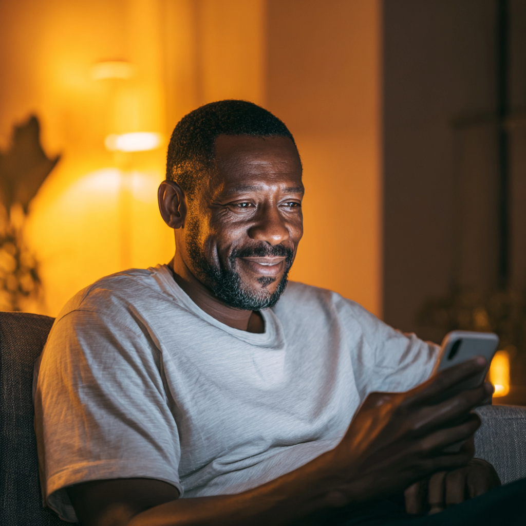  Man smiling at smartphone after receiving emergency loan approval