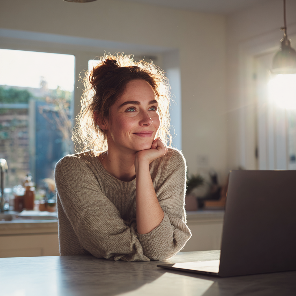 Woman applying online for a £5,000 loan on her laptop at home