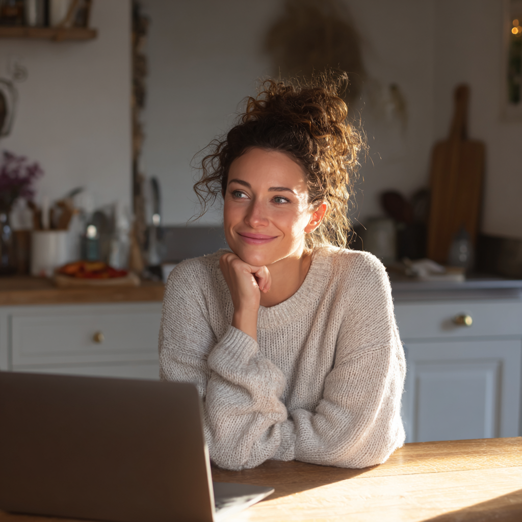 Woman checking emergency loan eligibility on laptop at kitchen table