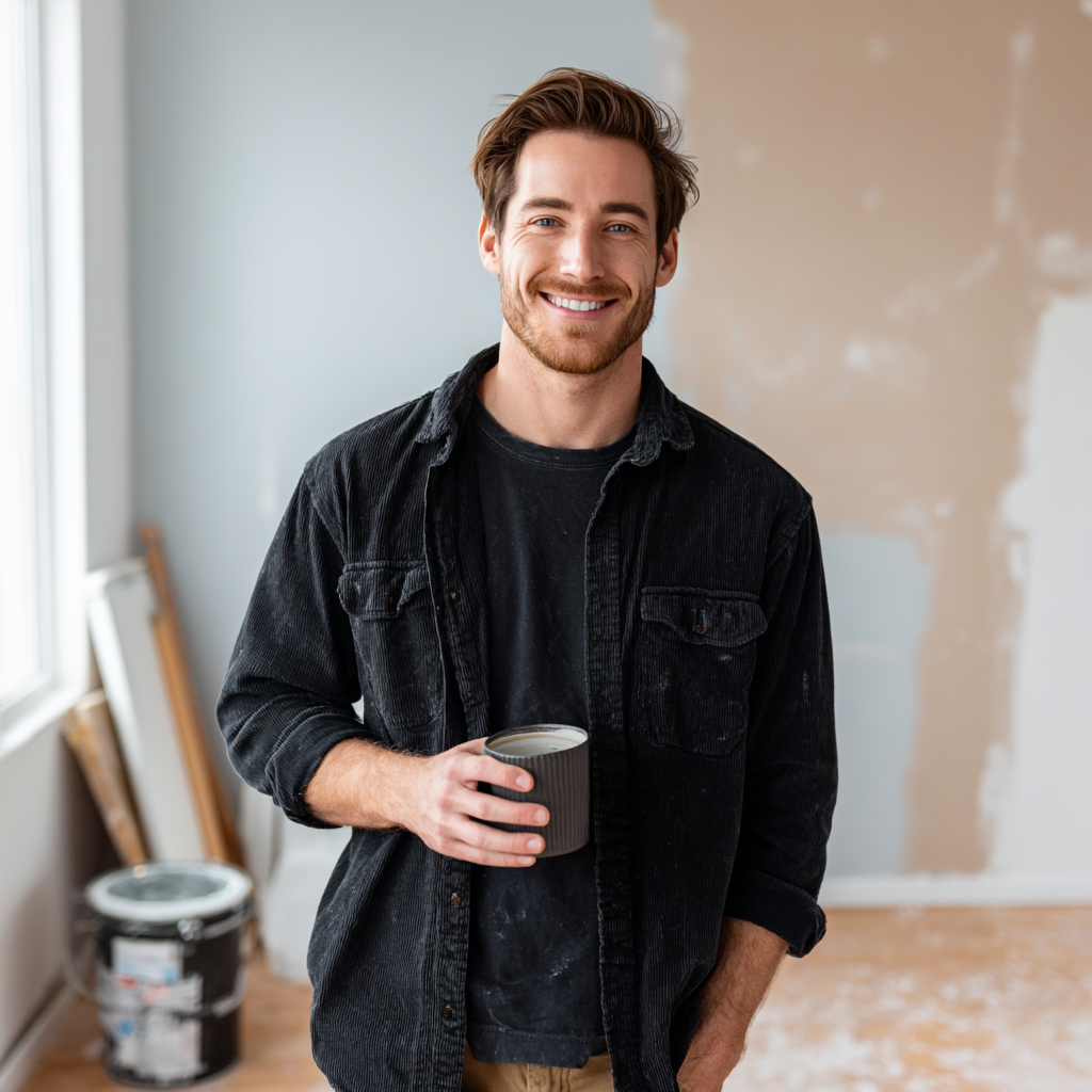 Man smiling in a newly renovated room funded by a £4000 loan