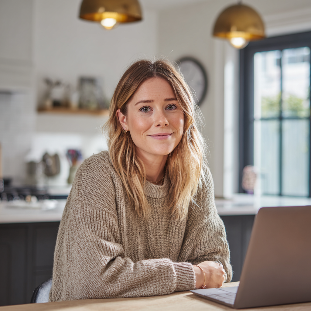 Woman checking £4000 loan eligibility online at her kitchen table