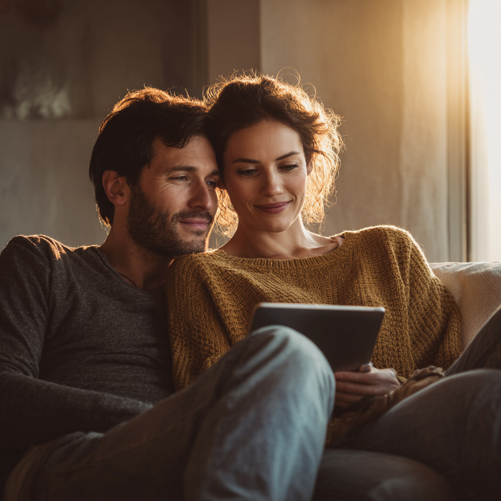 Couple comparing £600 loan offers together on a tablet