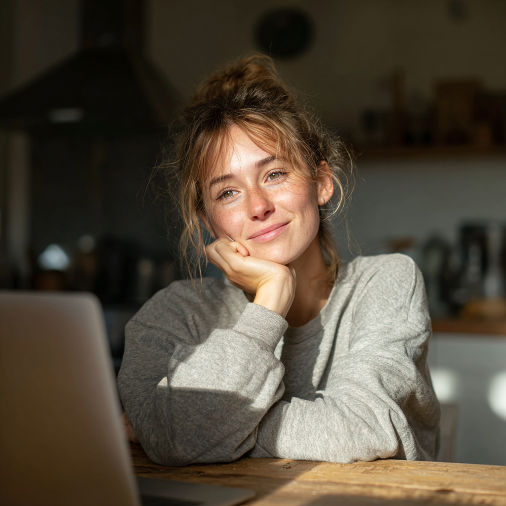 Woman checking £600 loan options on a laptop at her kitchen table