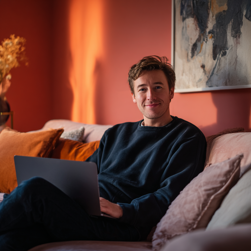 Man looking at borrowing money options on a laptop from his sofa