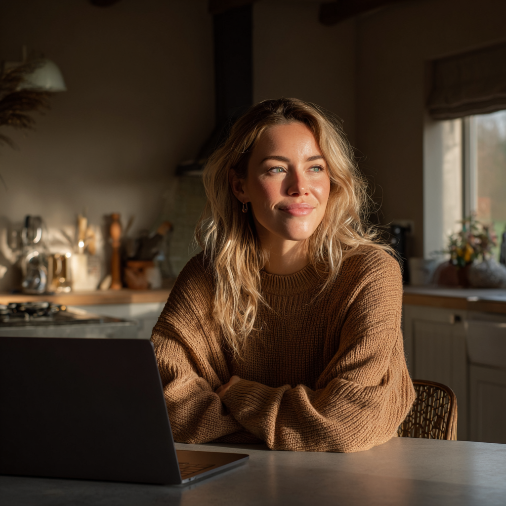 Woman using a laptop to borrow money online from her kitchen
