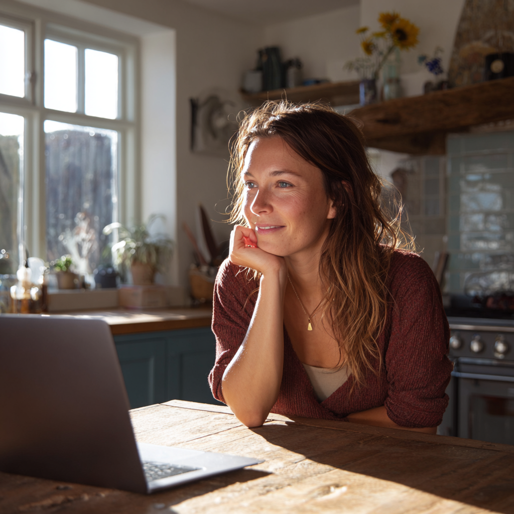 Woman checking £400 loan options on laptop at home